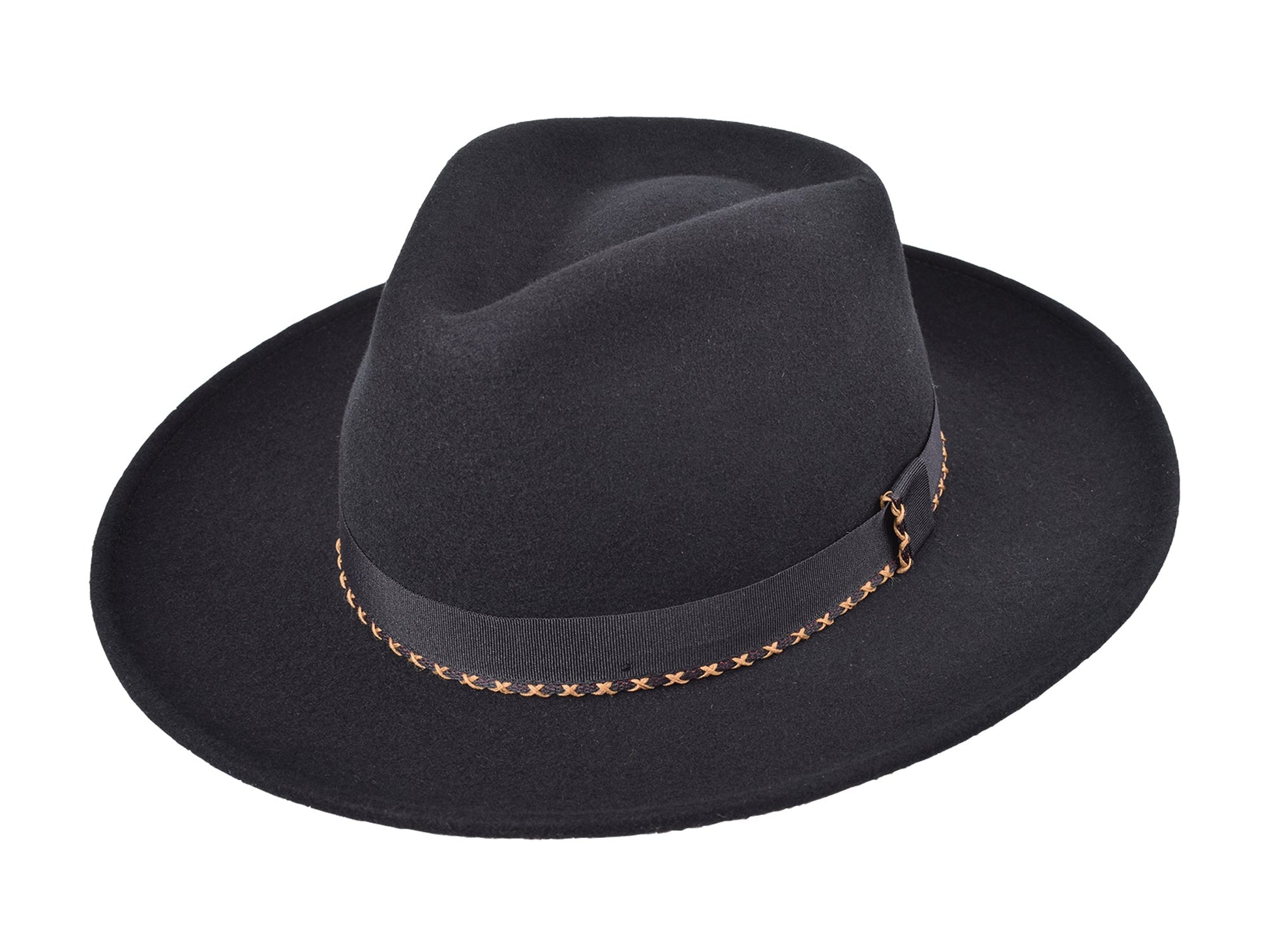 Sombrero negro de ala ancha Bigalli Finley Lana en estilo clásico, con cinta decorativa en el borde.